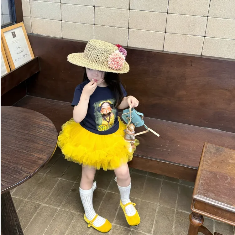 壹妈韩版童装女童夏套装洋气时髦2025新款夏季印花短袖黄色半裙