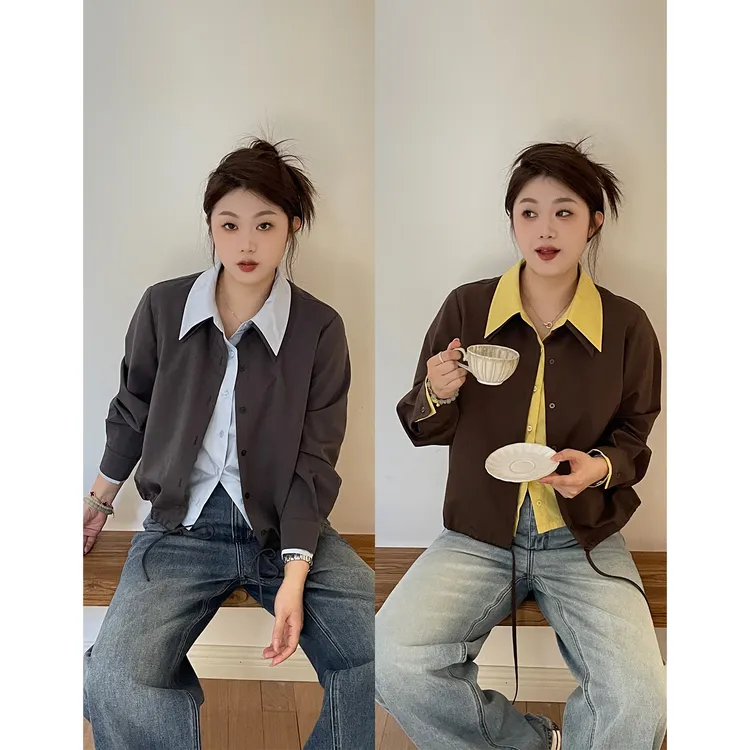 裂渡宣宣【有点意思】微胖大码女秋时尚百搭假两件双领衬衫ZY507A36