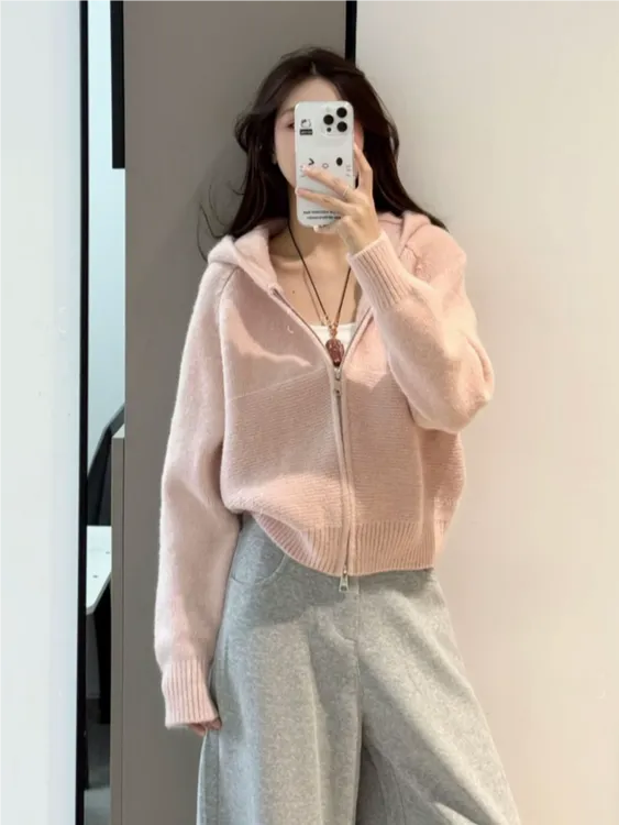 韩系休闲波浪纹双拉链连帽毛衣外套女秋冬宽松显瘦加厚针织开衫潮