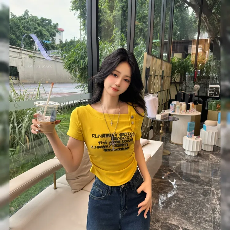 美式红色斜领百搭时尚短袖T恤女夏季新款设计感小众修身显瘦 8109