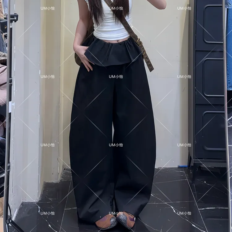 鑫怡定制【荷叶边设计】夏季新款腰部松紧宽松阔腿弯刀休闲裤