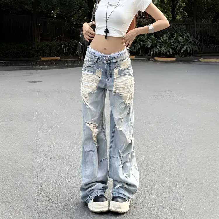 【免费试穿】美式辣妹小众时尚痞帅破洞牛仔裤炸街风百搭直筒阔腿裤
