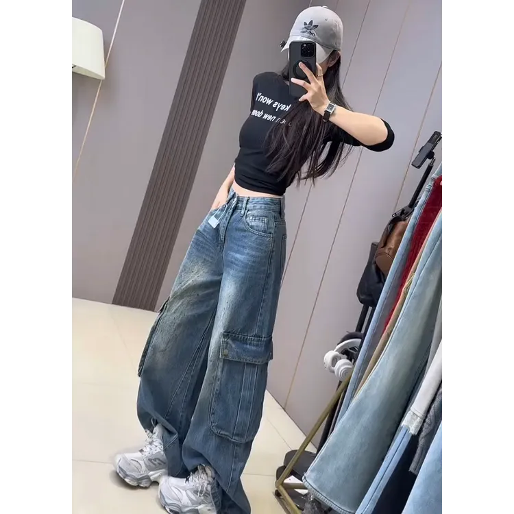 美式慵懒松弛感裤子多口袋工装牛仔裤女休闲宽松阔腿垂感拖地长裤