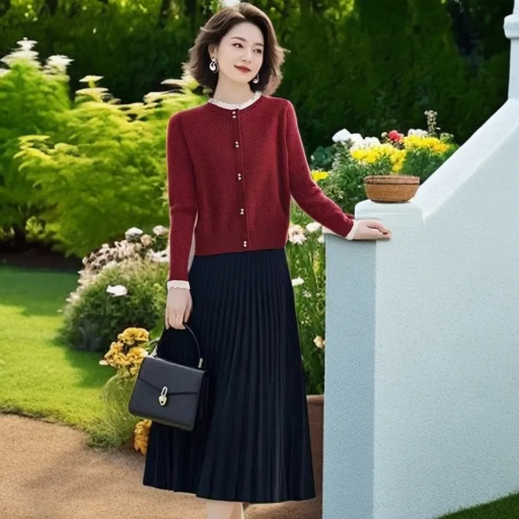 中年妈妈秋季穿搭一整套时尚显瘦假两件针织开衫百褶半身裙两件套