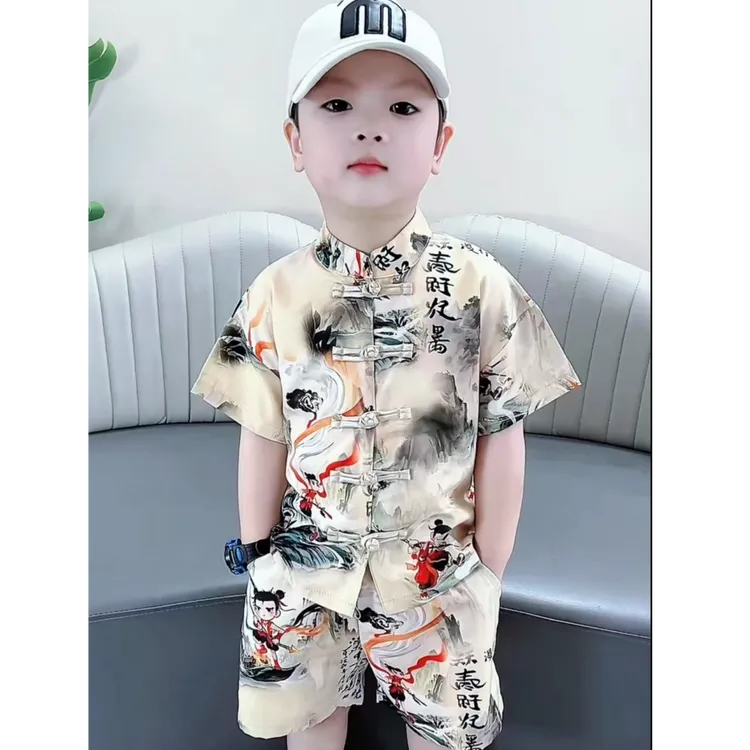 2026新款男宝哪吒衣服夏季汉服儿童礼服新中式国风唐中式短袖套装