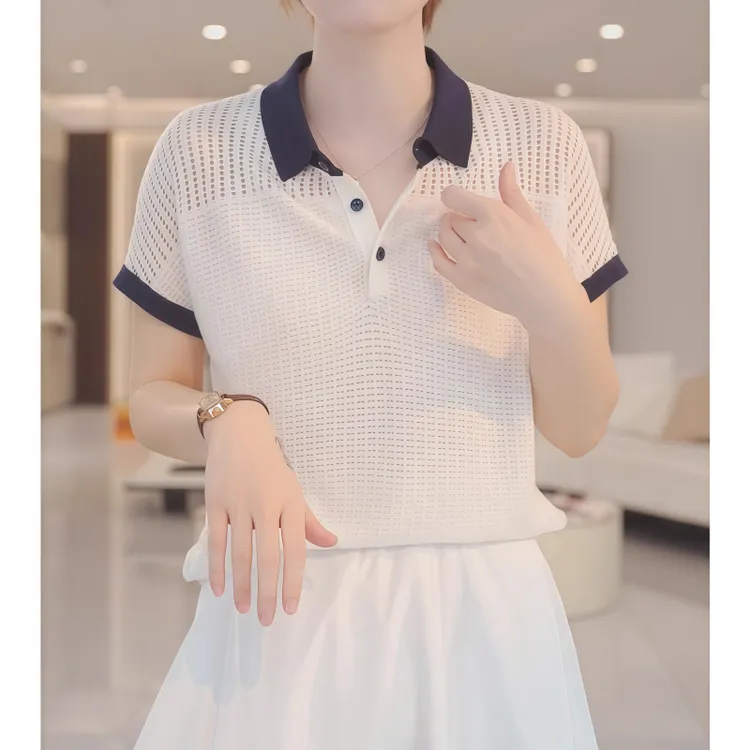 时尚极简风撞色polo领镂空短袖针织衫女夏季新款正肩百搭显瘦上衣