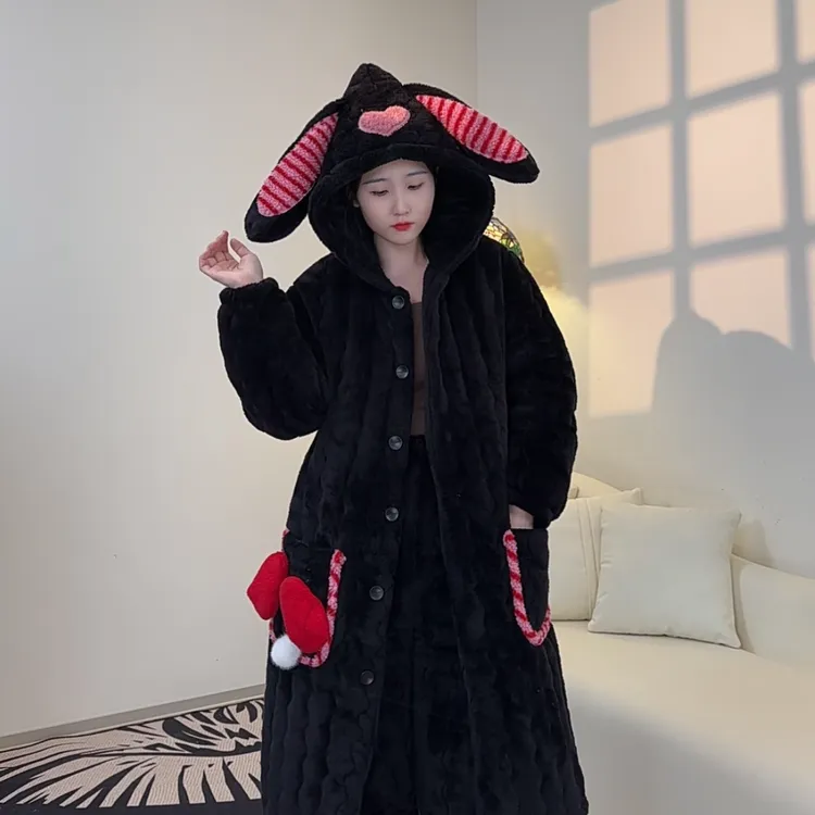 冬季新款女士睡衣法兰绒长款小恶魔网红加厚加绒夹棉家居服套装