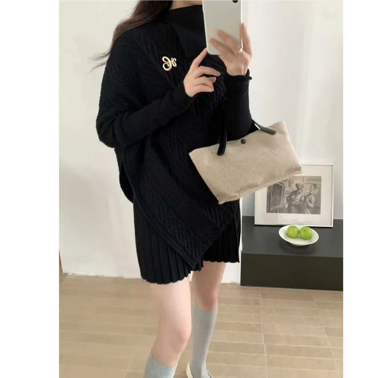 秋冬高领不规则宽松斗篷毛衣外套百褶裙设计感上衣裙子两件套女