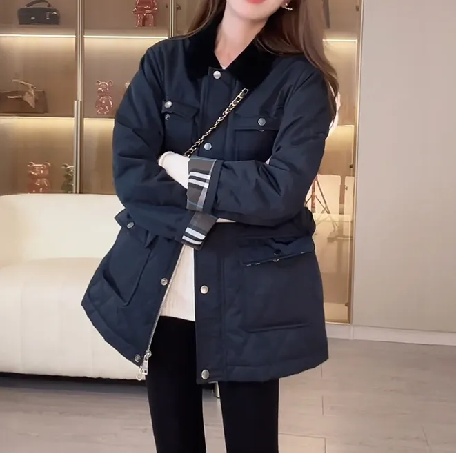 小个子藏青色翻领菱格羊驼毛棉服女2025新款秋冬中长款巴恩风外套