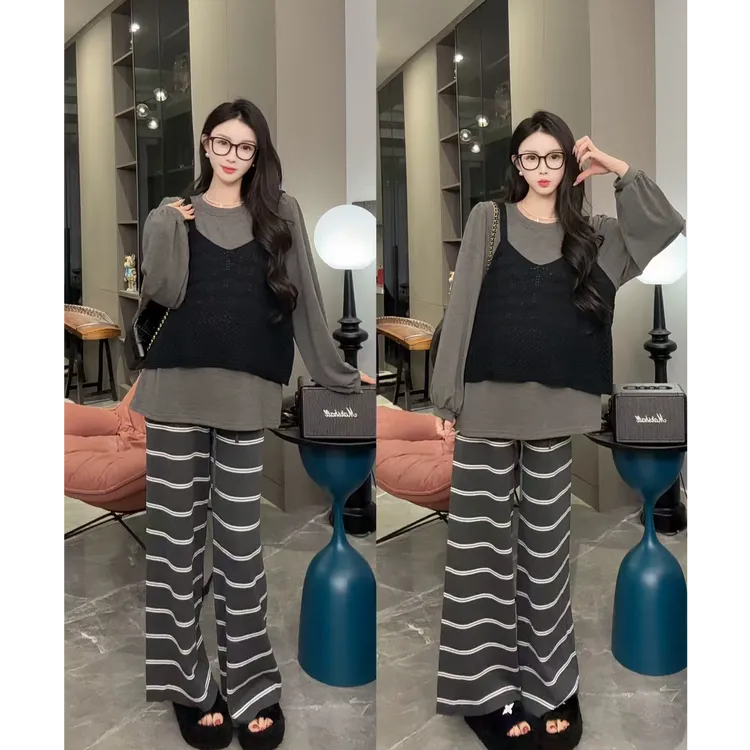 孕妇装2025秋冬甜美减龄内搭针织打底衫休闲宽松舒适条纹裤套装女