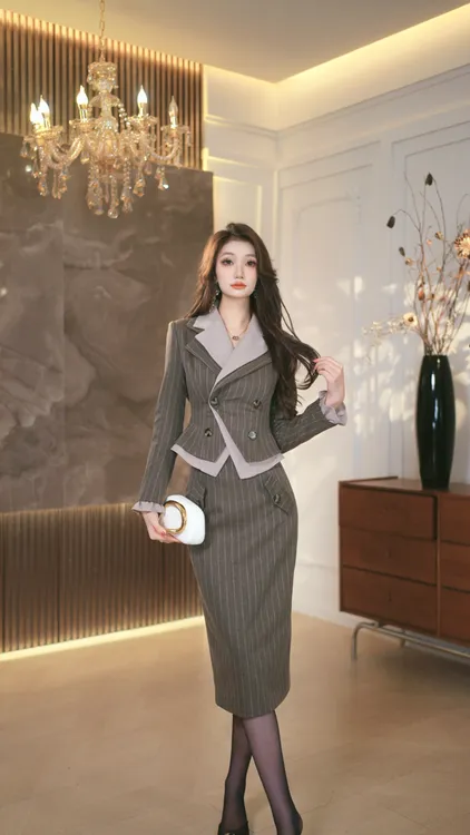 罗曼定制  原创设计时尚套装显瘦女神范双排扣气质秋冬中长款复古