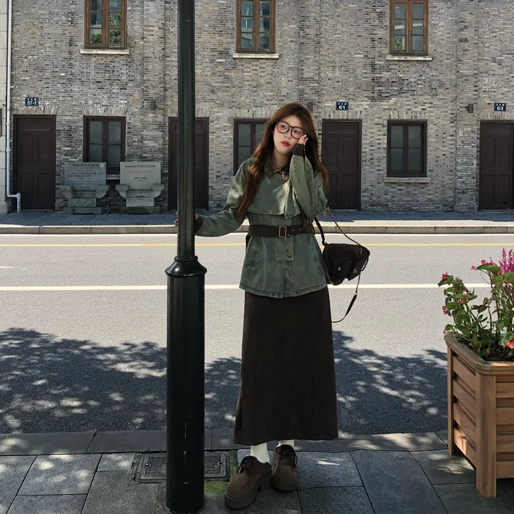 南岛风大码女装复古拼接牛仔风衣外套胖mm灯芯绒半裙套装ZYY2211