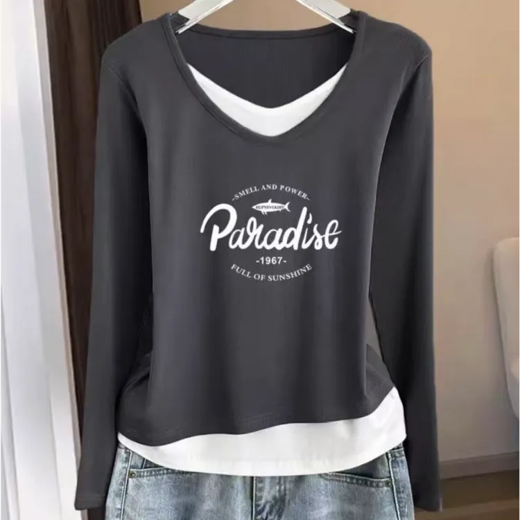 美式复古撞色大码假两件V领正肩长袖t恤女早秋新款韩版打底衫上衣