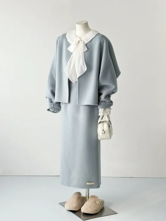 2025秋冬新款小香风蝴蝶结衬衫毛呢外套半身裙气质高级感两件套女