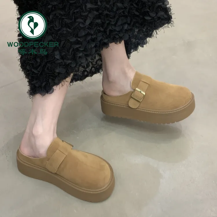 啄木鸟厚底勃肯鞋半拖女外穿2025秋季新款增高软底一脚蹬包头拖鞋
