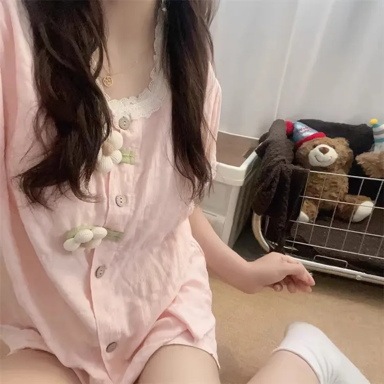 睡衣女简约甜美夏短袖短裤带胸垫粉色小花朵薄款可外穿家居服套装