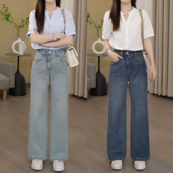 欧若风高腰水洗蓝宽松牛仔出行春游阔腿裤裤子时尚女装百搭牛仔