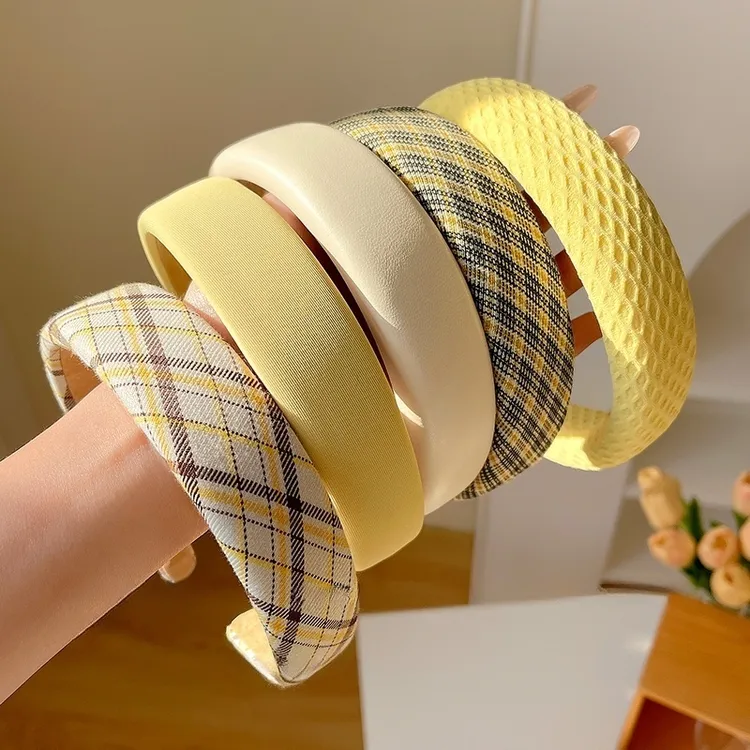 夏天感黄色格纹宽边发箍女发卡头饰外戴颅气质高日常脸显小顶头箍