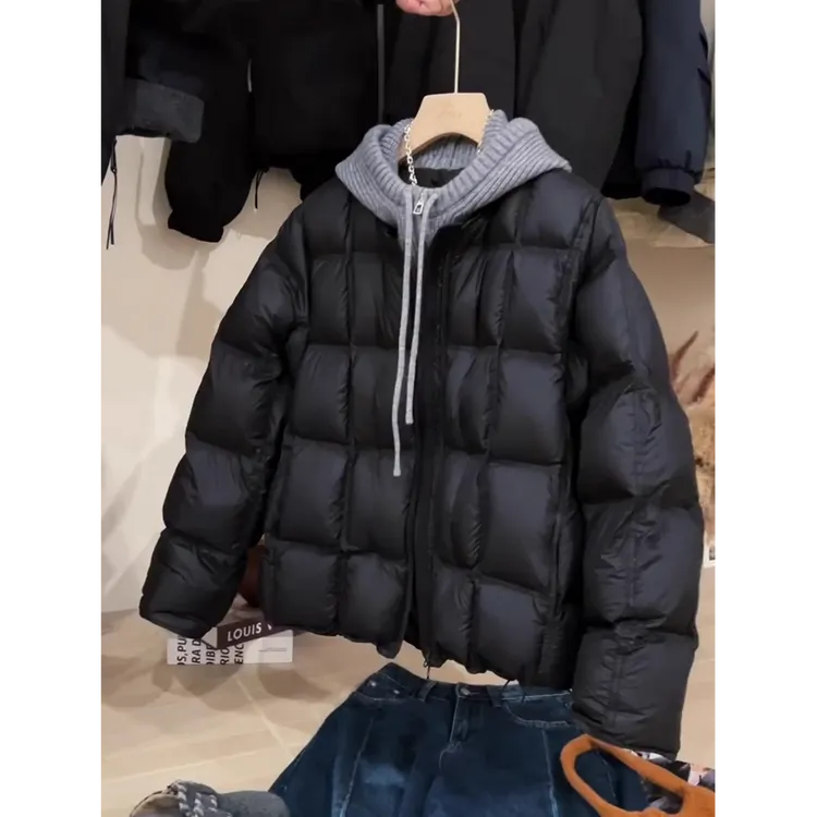 针织连帽棉服女短款冬季宽松设计感拼接绗缝方格加厚保暖棉衣外套