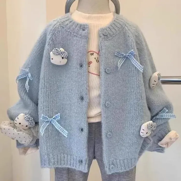 女童开衫2025新款秋季儿童好看卡通针织衫女孩洋气宽松蝴蝶结外套