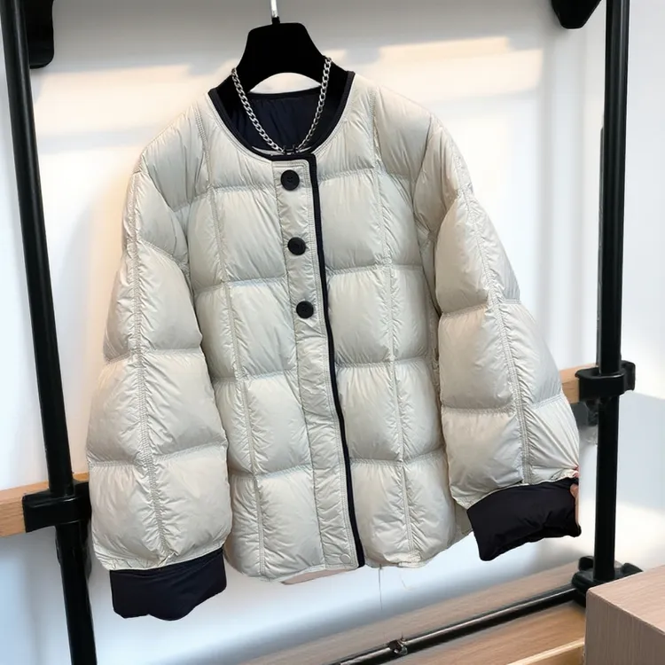 高端欧货冬款高级感拼色时尚宽松圆领磁吸扣90白鸭绒羽绒服外套女