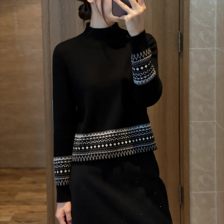 费尔岛风半高领针织女秋冬2026新款高级感时尚设计感宽松内搭毛衣
