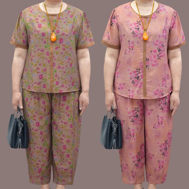 大码国风中老年套装女2025夏季新款圆领碎花妈妈装舒适透气两件套