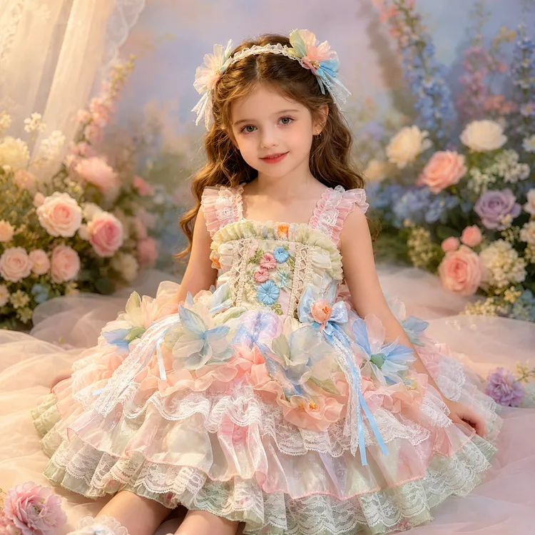 女童夏季洛丽塔甜美风花朵公主蓬蓬吊带连衣裙生日礼服花仙子儿童