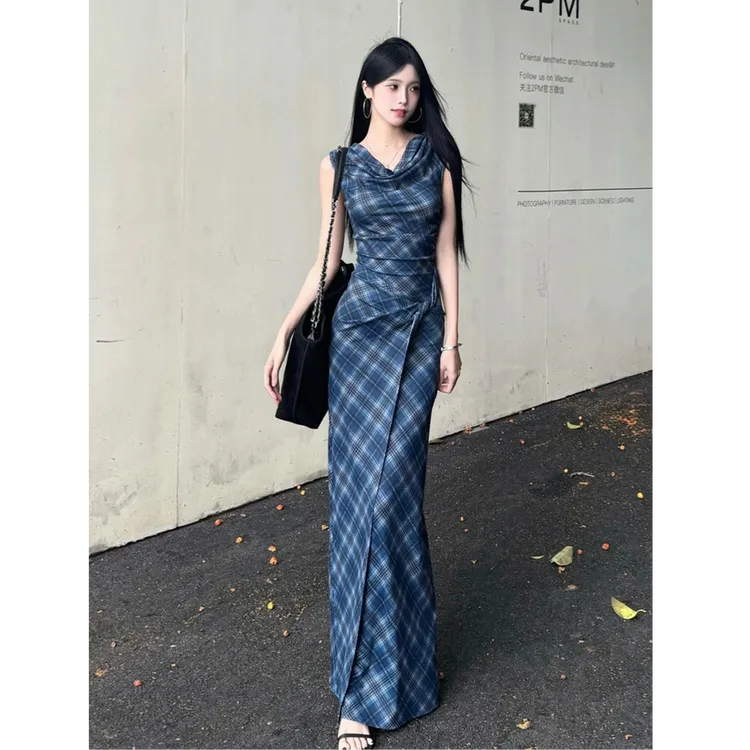 一衣三穿无袖腰部纽结长裙新款显瘦收腰直筒长裙女