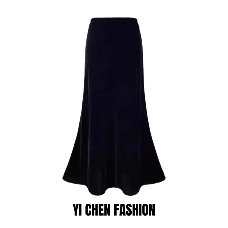 2025秋季新款高密醋酸丝绒高腰显瘦百搭鱼尾摆中长款侧开叉半身裙