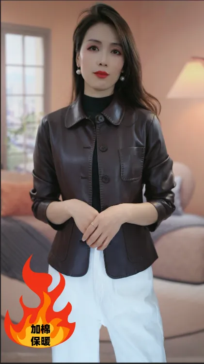 yipinyuxi/依品羽茜【加棉加厚】海宁正品时尚休闲翻领皮衣外套女