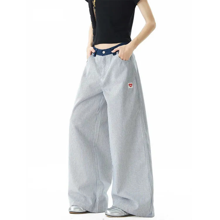 【小圆咩专属】FANGWANG美式爱心刺绣竖条纹休闲裤女男阔腿裤拖地裤