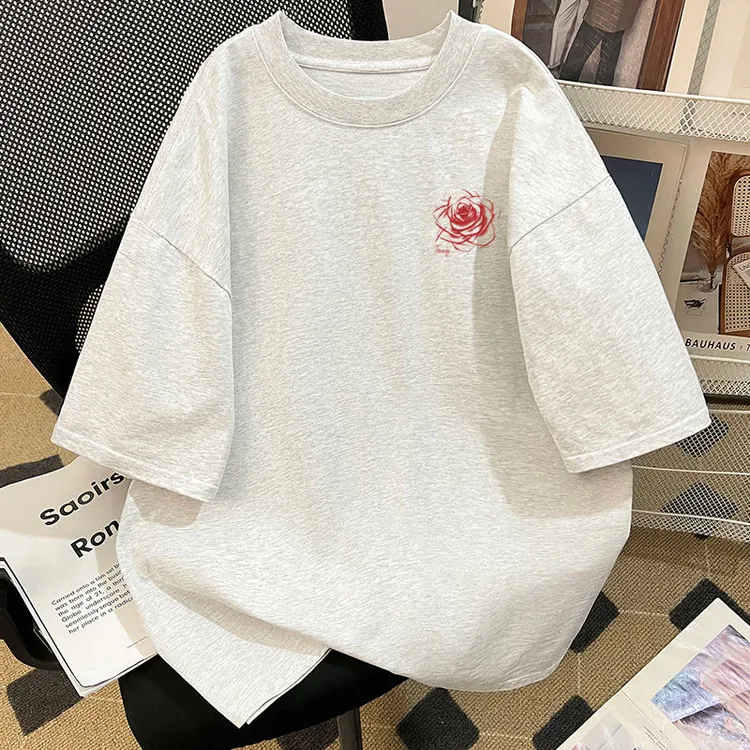 特大码300斤纯棉夏季复古玫瑰花蕊印花短袖T恤男潮牌百搭宽松上衣