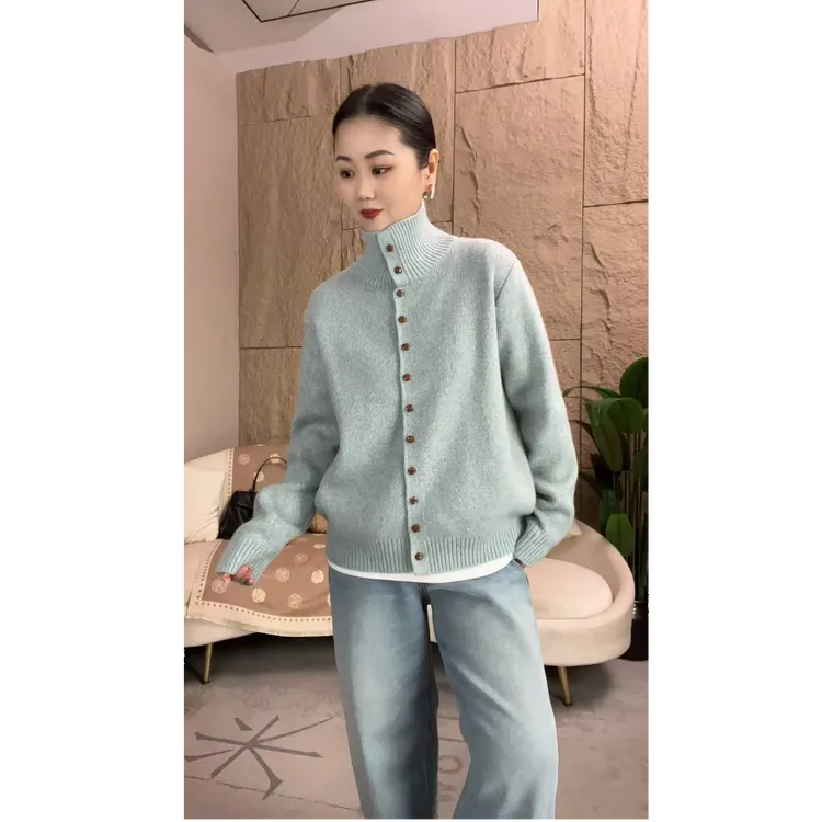 韩系木质纽扣-加厚精致优雅立领翻领百搭毛衣（Y-51214款）