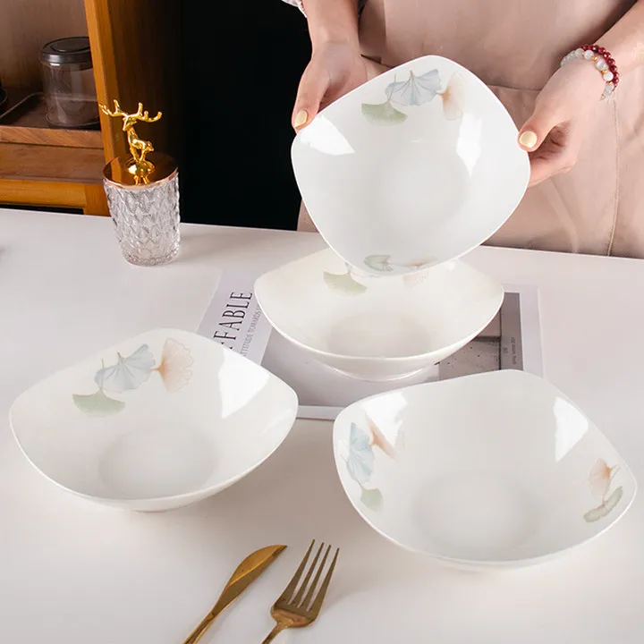 【6个装】新款银杏叶四方翘脚碗厨房家用陶瓷沙拉碗凉菜盘加深汤碗