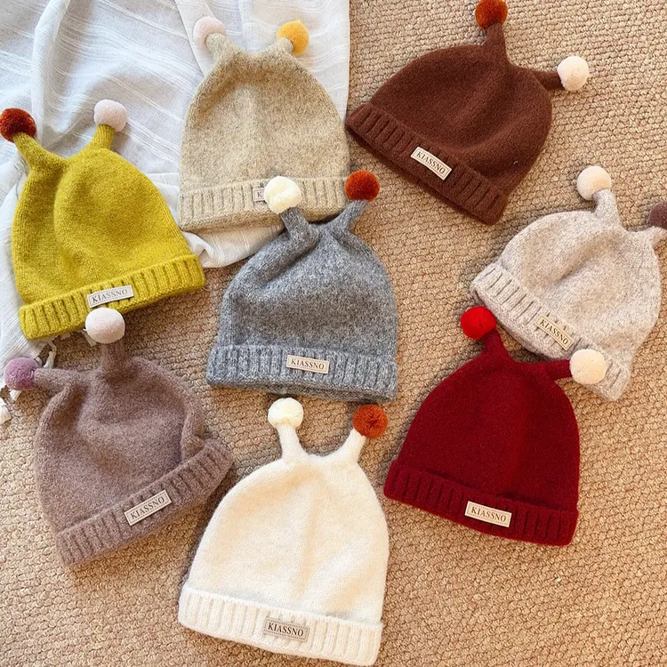 卡通超萌儿童毛球触角秋冬天针织宝宝男童韩风多巴胺小孩毛线潮帽