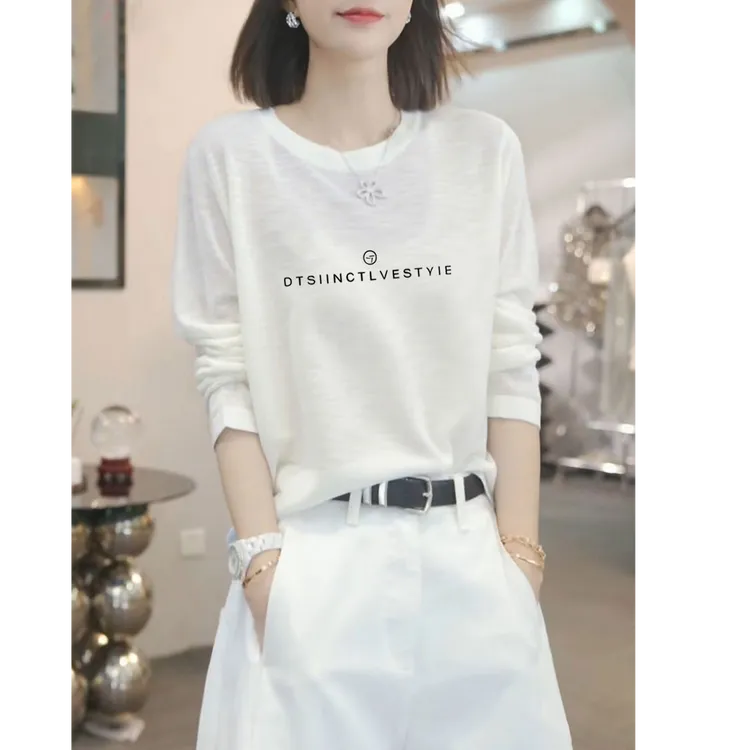 夏季圆领长袖T恤女微透轻薄防晒罩衫简约百搭宽松休闲空调衫上衣