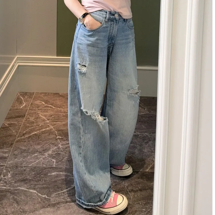 薄款超火破洞裤弯刀牛仔裤女2025新款夏季高腰百搭洋气阔腿牛仔裤