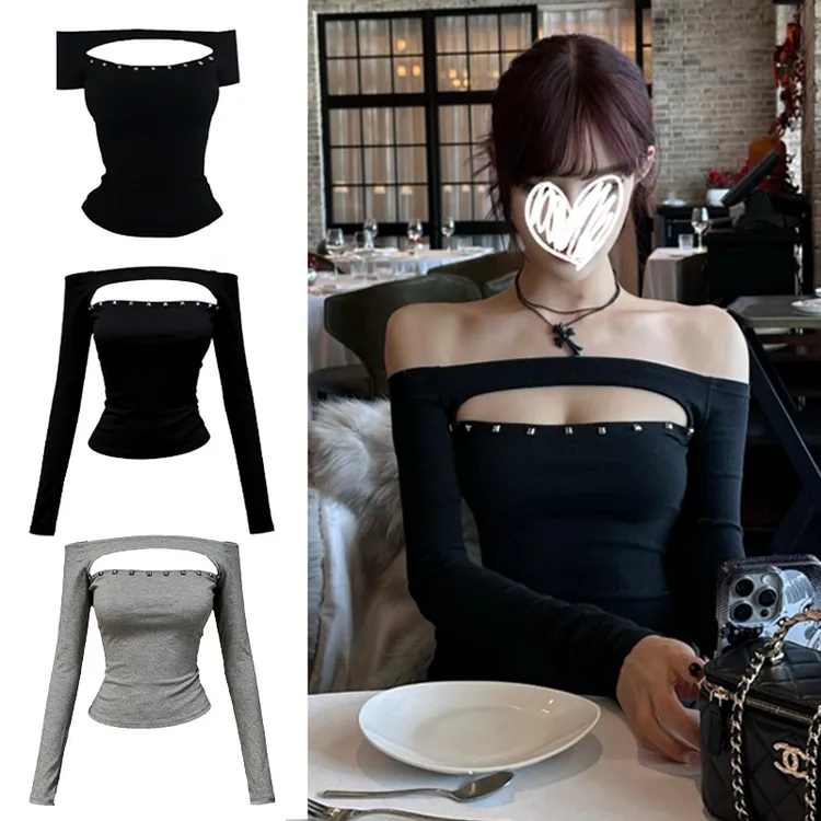 欧美辣妹黑色修身镂空斜肩铆钉短袖上衣女夏季显瘦百搭收腰T恤