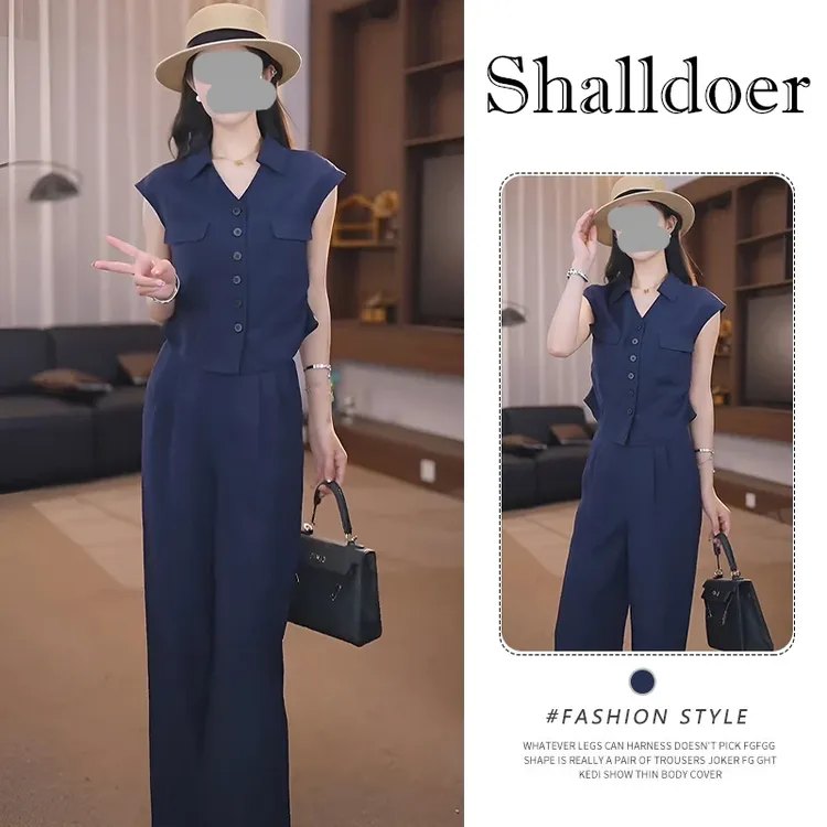 香朵儿纯色西装无袖马甲长裤2025夏季新款时尚休闲大方短袖套装女