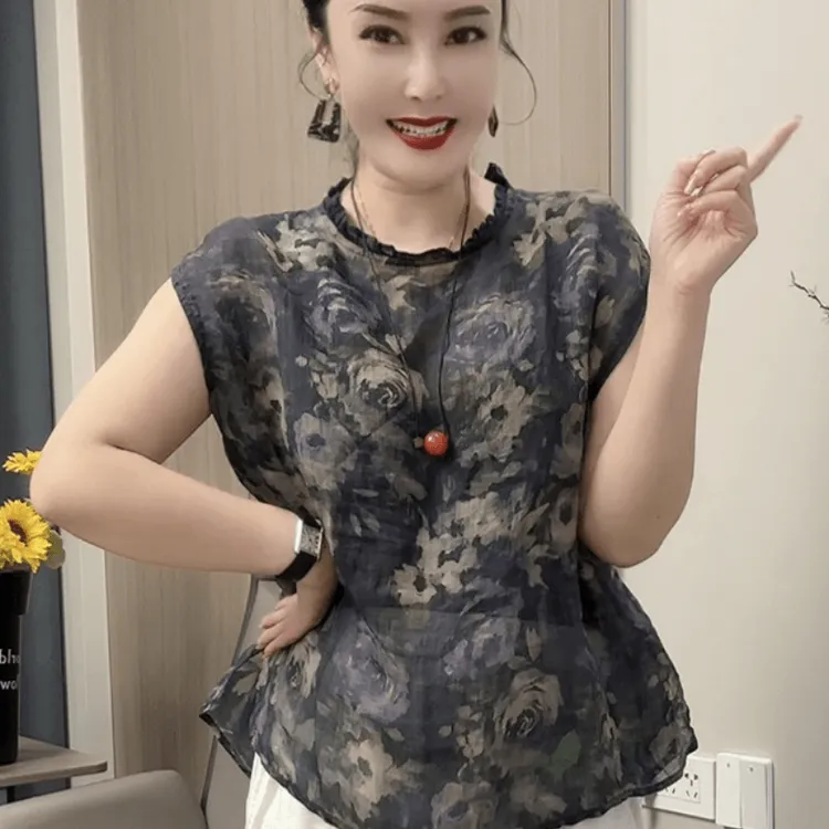 夏季薄款气质高档木耳花边领减龄休闲妈妈上衣玫瑰花时尚阔太小衫