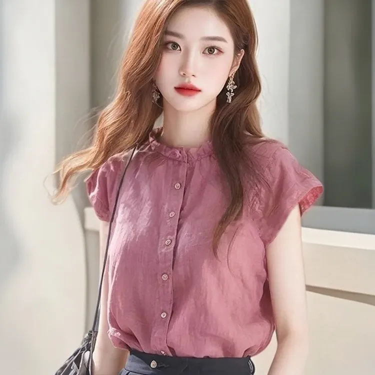 木耳边衬衫小衫小飞袖别致立领设计感小众女上衣独特夏季漂亮短袖