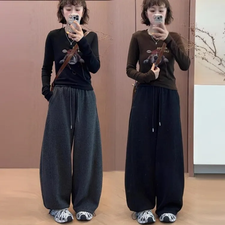 加绒加厚休闲阔腿裤女冬季新款显瘦百搭高腰直筒保暖弯刀裤长裤子