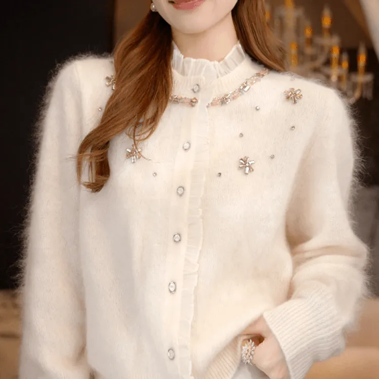 绒绒雪松～25秋冬重工法式串钻圆领蕾丝拼接气质针织衫