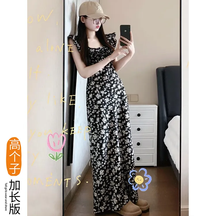 175高个子加长小飞袖碎花连衣裙子女夏收腰黑色长裙茶歇法式2422