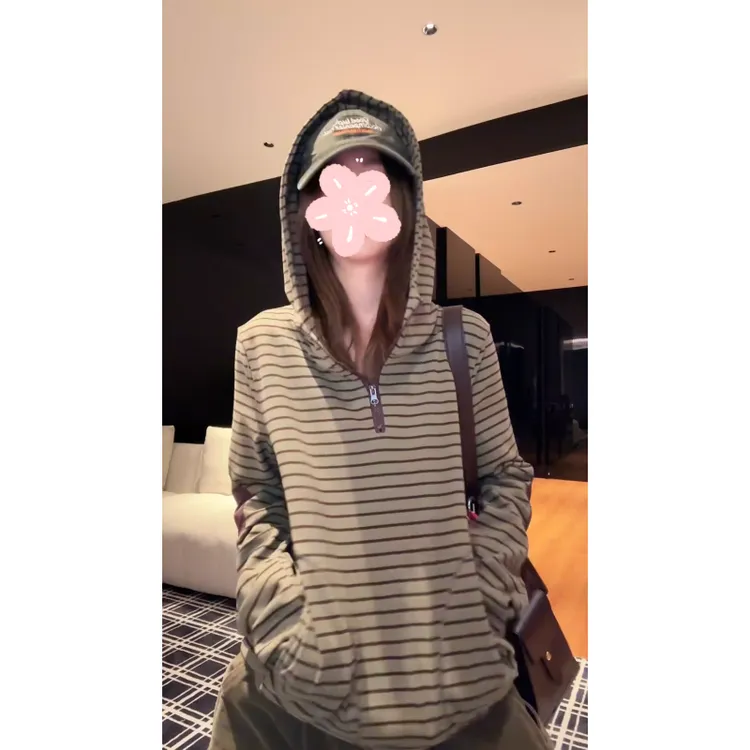 【条纹韵律】新款小众设计条纹连帽长袖半拉链卫衣LK2509305