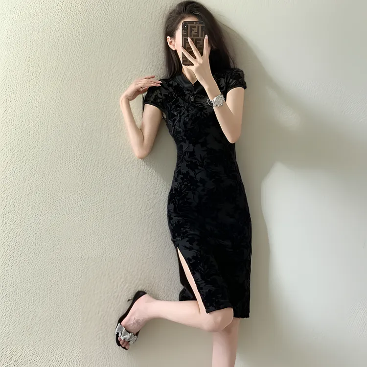 新中式国风连衣裙夏季新款改良旗袍印花修身显瘦中长款包臀连衣裙