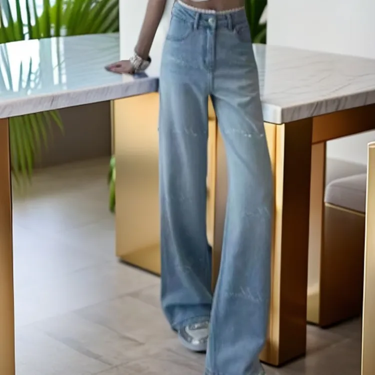 【晗永芳】6301重工烫钻直筒裤腰头蕾丝花边牛仔裤弹力高腰显瘦垂感