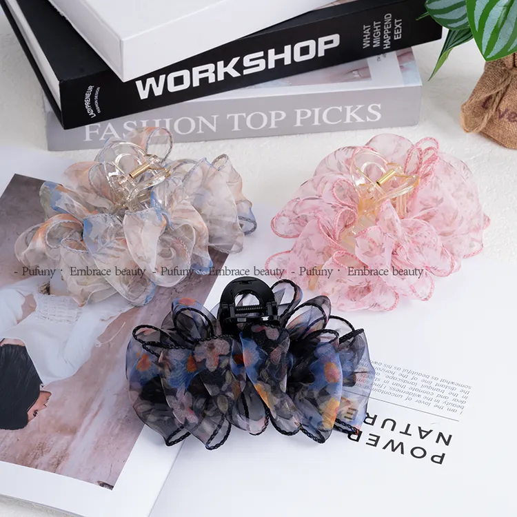高级云朵碎花新款泡泡后脑勺夹大号蝴蝶结抓夹