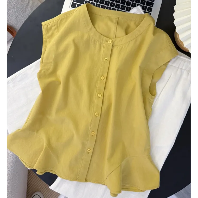高级感超好看荷叶边小飞袖亚麻小衫衬衫女装夏季新款独特别致小衫